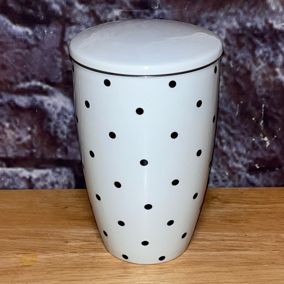 SOLD*** Sweese White Polka Dot Pocelin Tea Cup with Lid & Infuser 15oz Retired - Picture 2 of 13